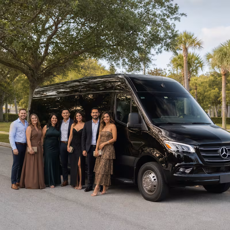 Group beside a Mercedes Sprinter limo from the Parkland fleet