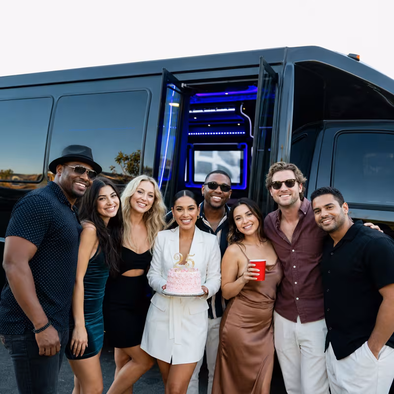 Group boarding a white charter bus for Birthday Transportation transportation in Parkland