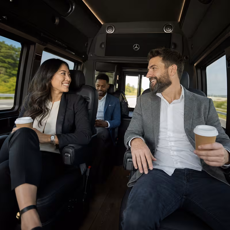 Group boarding a white charter bus for Corporate Transportation transportation in Parkland