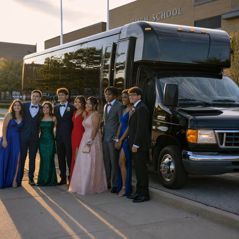 Group boarding a white charter bus for Prom & Homecoming Transportation transportation in Parkland