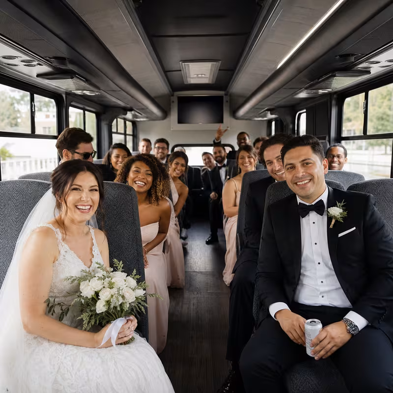 Group boarding a white charter bus for Wedding Transportation transportation in Parkland