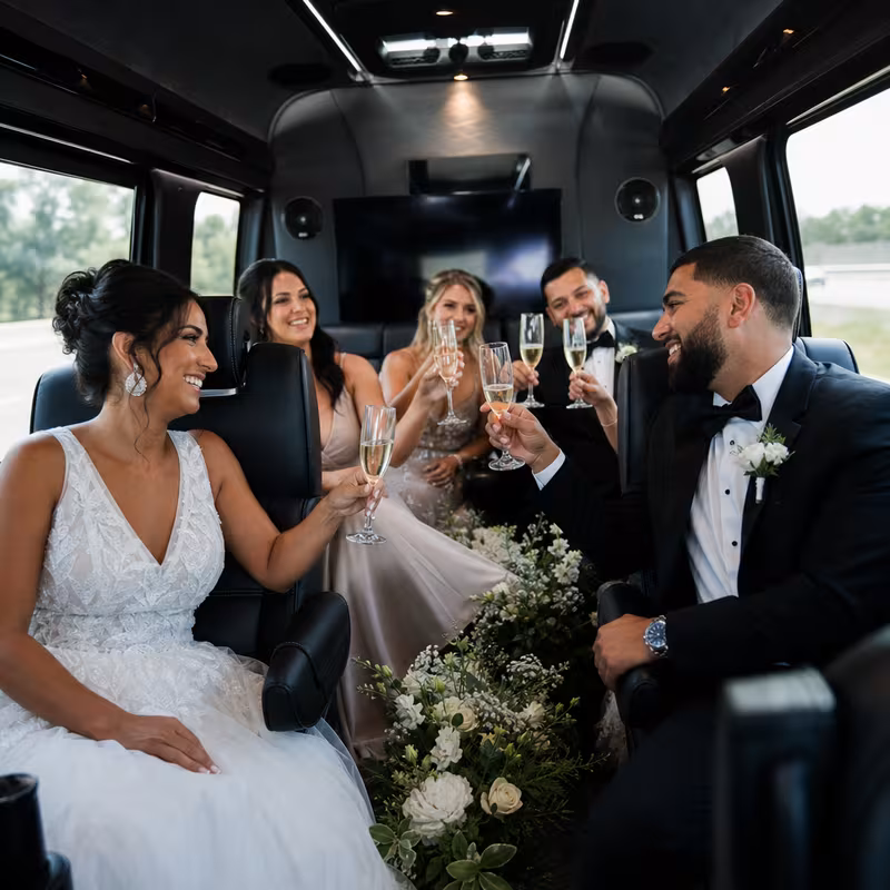 Black Mercedes Sprinter van staged for an Parkland Wedding Transportation group