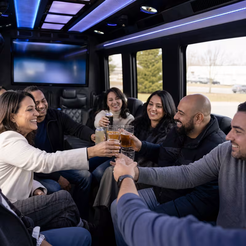 Group boarding a white charter bus for Winery & Brewery Tour Transportation transportation in Parkland